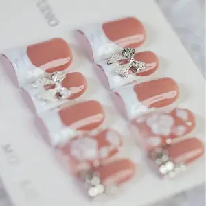 10pcs Y2K Style Red & White French Handmade Press on Fake Nails, 3D Floral Carved Duck Mouth Shaped Manicure, Silver Butterfly Decor & Rhinestone Embellished, Suitable For Everyday & Party Wear, Great Gift For Women & Girls (Random Packaging Card)