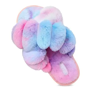 Cozy Open Toe Slippers For Women Fuzzy Fluffy House Slippers Criss Cross Furry Slides Soft Indoor Footwear Warm Comfort