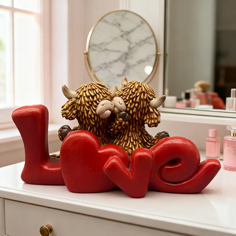 Scottish Highland Cow Ornament - Cute Cow Design Resin Craft with "LOVE" Character Decoration, Suitable for Valentine's Day Decoration, Home Decoration, Desktop Decoration, No Electricity Required, Valentine's Day Gift, Gift for Girlfriend, Ex