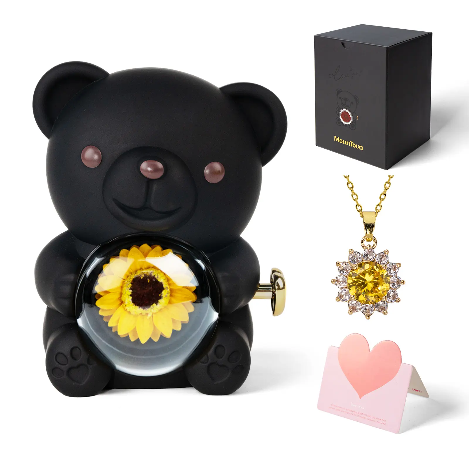 sunflower black bear+necklace+gift bag+card