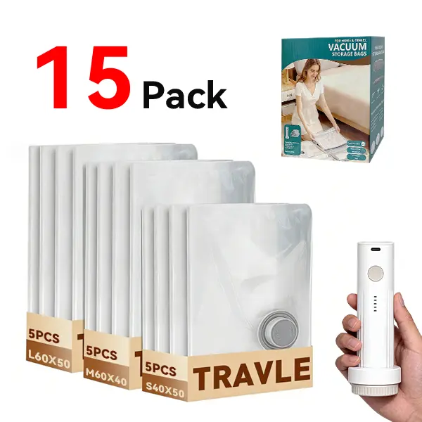 2026 Upgraded Cordless Vacuum Sealer Bags Set with Rechargeable Air Pump, 9/15-Pack Waterproof Reusable Compression Packing Bags (3 Sizes), 140L/Min Powerful Air Removal, Ideal for Carry-On Suitcases