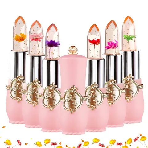Women's Color Changing Crystal Flower Lipstick Set - 12/6-Pack Compact Cosmetic Jelly Lip Balm with Real Flowers, Golden Cocoa Moisturizing Hydrate, Temperature-Activated Tint, Gentle Lightweight Lip Care, Glossy Long-Lasting, Valentine's Day Gift