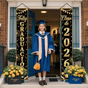 Graduation Party Decor Hanging Banners Set, Spanish Language 2026 Graduation Congratulations Sign, Background Frame, Polyester Material, Graduation Party Decorations