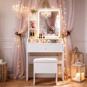 Bedroom Vanity Set with LED Lights (Includes Stool, Drawers, and Side Storage Shelves)