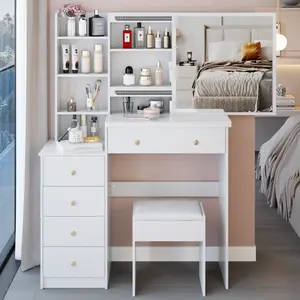 Makeup Vanity Desk Set, 37" Left Bedside Cabinet Dressing Table & Cushioned Stool, Extra Large Right Sliding Mirror, Multi Layer High Capacity Storage, Practical Fashionable Makeup Vanity Table Set, EPA, GCC, UL Certificate, White