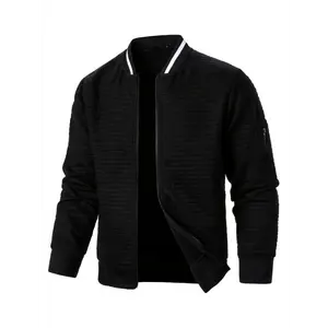 Stylish Plaid Bomber Jacket for Men - Full-Zip Stand Collar Sweatshirt with Long Sleeves, Slight Stretch Fabric, 100% Polyester, and Casual Comfort for Everyday Wear