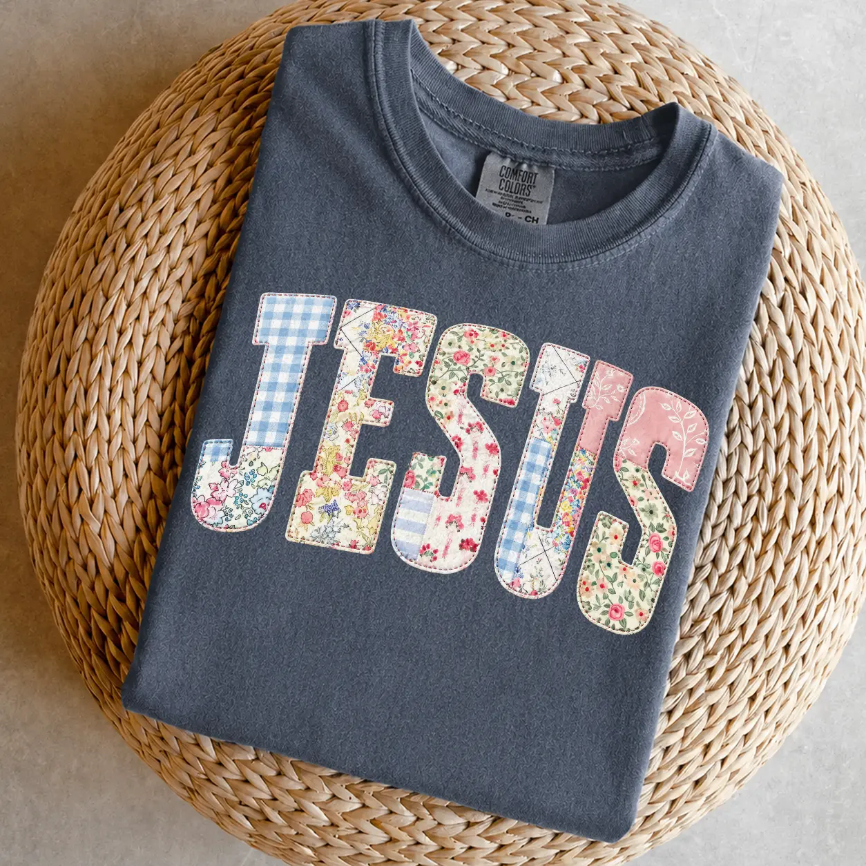 JESUS Patchwork Floral Tee| Christian Inspirational Vintage Washed Shirt| Faith Based Oversized Street Style Top