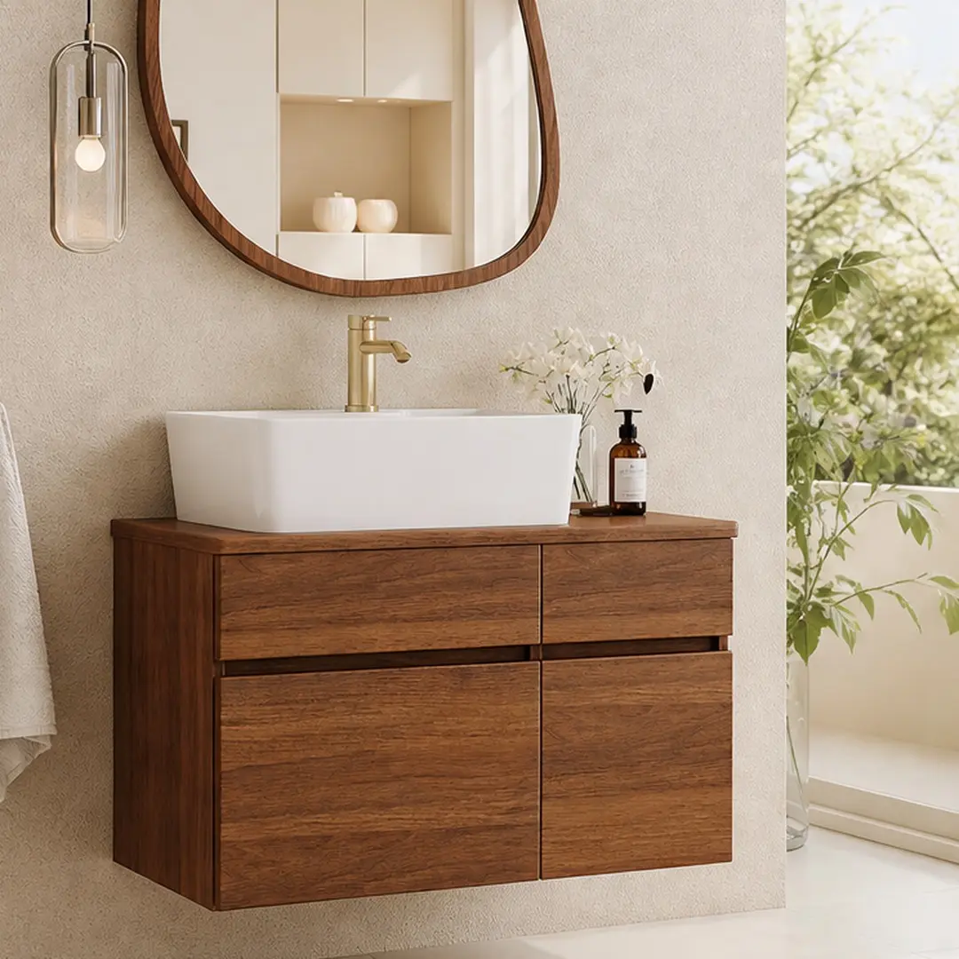 31.5" W x 15.7" D x 20.9" H Farmhouse Rustic Floating Bathroom Vanity, Wall-Mounted Durable Solid Wood Cabinet with Wood Top, Ceramic Vessel Sink, Soft-Close Drawer & Doors, Complete Drain Assembly, White/Walnut, 56.50 lb, Small Bathroom Storage, Drawer O