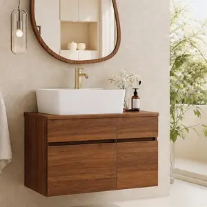 ARCH 31.5 Inch Floating Bathroom Vanity with Ceramic Vessel Sink, Wall-Mounted Solid Wood Cabinet in White & Walnut, Soft-Close Drawer & Doors, Farmhouse/Rustic Style, for Small Bathroom Storage, White+Walnut Color Options, Product Weight: 56.50 lb