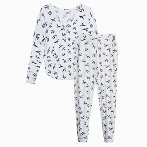 Women's Pajama Set Ultra Soft Modal Fabric Long Sleeve Top & Relaxed Fit Pants with Adjustable Drawcord Breathable Loungewear Nightwear Cotton Womenswear