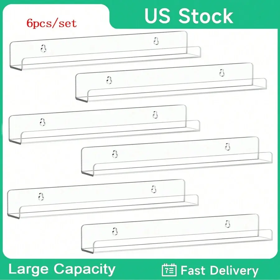 6 Pack  Shelves for Wall, 15" Clear  Floating Shelves for Bathroom Bedroom, Invisible Bookshelf Wall Ledge Storage Shelf Books Perfume Toys Action Figure Display Shelves