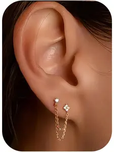 2 Pcs Chain Stud Earrings S925 Sterling Silver for Women Girls 18K Gold Plated Minimalist Climber Crawler Tassel Chain Dangle Drop Earring Studs Piercing with Sparkling Crystal CZ for Sensitive Ears
