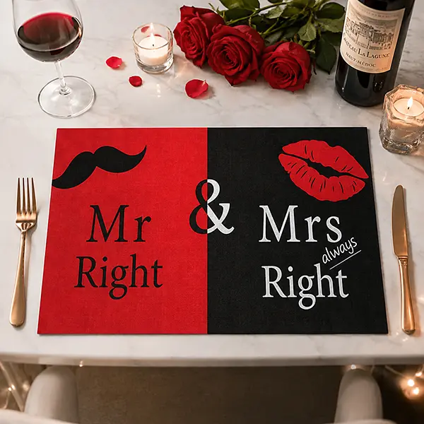 12x18 In Single-Layer Linen Placemat Set, Mr & Mrs Right Romantic Couple Table Decor - Wedding Anniversary Gift, Matching Coaster for Coffee