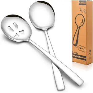 11.7-Inch 2-Pack Extra Large Serving Spoons Set 18/8 Stainless Steel Slotted & Solid Serving Spoons Big Serving Utensils for Buffet Parties Catering Dishwasher Safe Silver