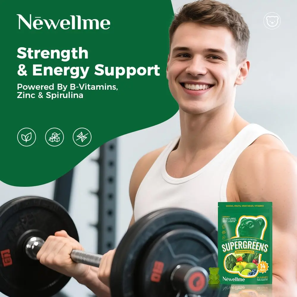 Newellme Super Greens Multivitamin Gummies for Adults, Superfood Gummies with Spirulina, Chlorella & Prebiotic Fiber, Digestive Support Adaptogen Blend, 20 Vitamins & Minerals, 14 Count