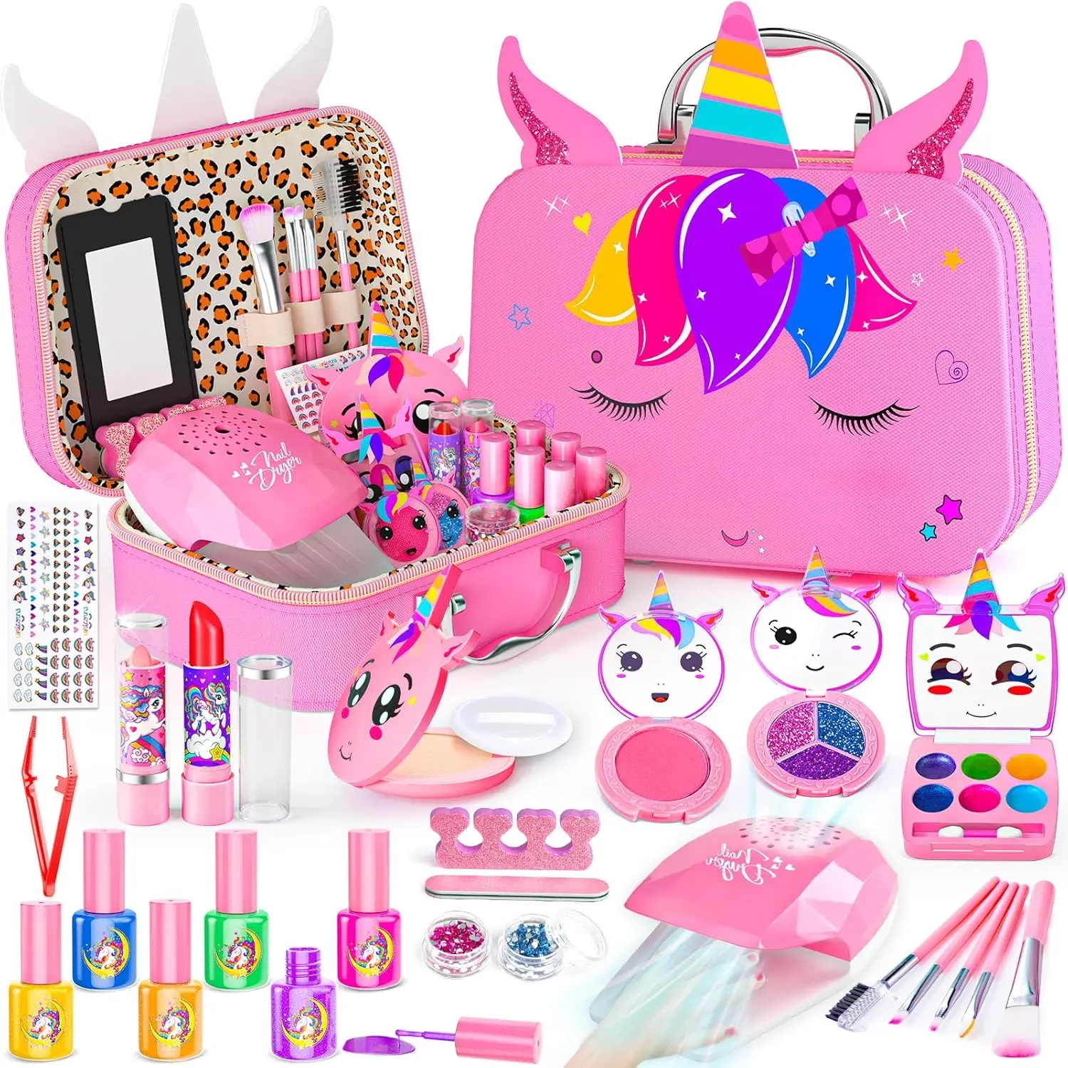 L-MTS033  Kids Makeup Kit for Girl - 2 In 1 Kids Washable Makeup Toys & Nail Art Kits with Nail Dryer and Cosmetic Case, Princess Dress Up Set for Girls, Real Girls Makeup Set for Ideal Gifts Toys for 3-12 Year