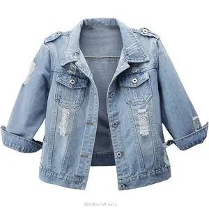 Women Autumn 3/4 Sleeve Retro Short Denim Jackets Light Blue Jean CoatsDD16MunchMingle