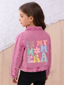 Washed Denim Jacket for Girls, Mother's Day Letter Pattern, Letter Print Jacket, Collared Jacket, Casual Jackets, Outdoor Wear, Suitable for Ages 8 and Below, Perfect for Celebrations