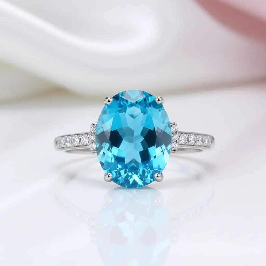 14K White Gold 6.5 Ct Oval Swiss Blue Topaz 0.22 Ct Diamond Option