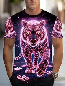 Men's Cyberpunk Style 3D Print T-Shirt, Fitted, Casual, Vibrant Tiger, Short Sleeve, High-Quality Polyester, Party and Night Out Wear
