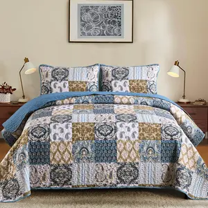 Boho Set Queen Size, Blue Patchwork Bedspread Bedding Sets Paisley Soft Microfiber for Queen Bed 3 Pieces Coverlet Set for All Season (96"x90")