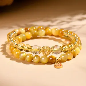 1pc Wealth & Success Manifestation Bracelet with Natural Citrine & Tiger's Eye | Prosperity & Good Luck Crystal Bracelet | Trendy Stretch Beaded Jewelry Gift for Women