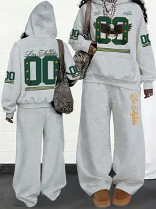 Women's Casual Loose Fit Two-Piece Set, Letter Eagle Print Hoodie and Pants, Fall Winter, Comfortable and Stylish