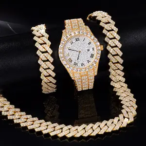 Iced Out Gold Tone Watch & Cuban Link Jewelry Set, Full Crystal Bling Watch + Necklace + Bracelet Combo, Hip Hop Style Statement Accessories For Men
