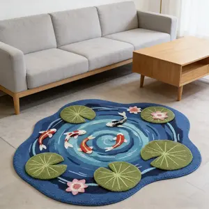 1pc Summer Koi Pond Theme Irregular Leaf Shaped Plush Area Rug, Washable Modern Carpet for Living Room & Bedroom, Creative Home Décor, Soft Rug