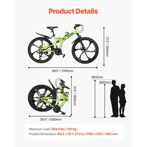 VEVOR26 inch Folding MountainBike, MTBBicyclewithFullSuspension, 21-speedDrivetrain, ComfortSaddle, DiscBrakes, HighCarbonSteelFrame, AdultSportCyclingBicycleforMenWomenTrailSnow