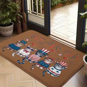 4th of July Cats Doormat, Independence Day Welcome Mat with American Flag Stars and Stripes Kitties, Fireworks Design, Non-Slip Entrance Rug for Indoor Outdoor Front Door Home Decor
