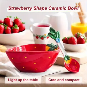 Strawberry Shaped Ceramic Bowl and Spoon Set, Stylish Dinnerware for Home, Perfect for Parties & Gifting, Unique Kitchen Accessories