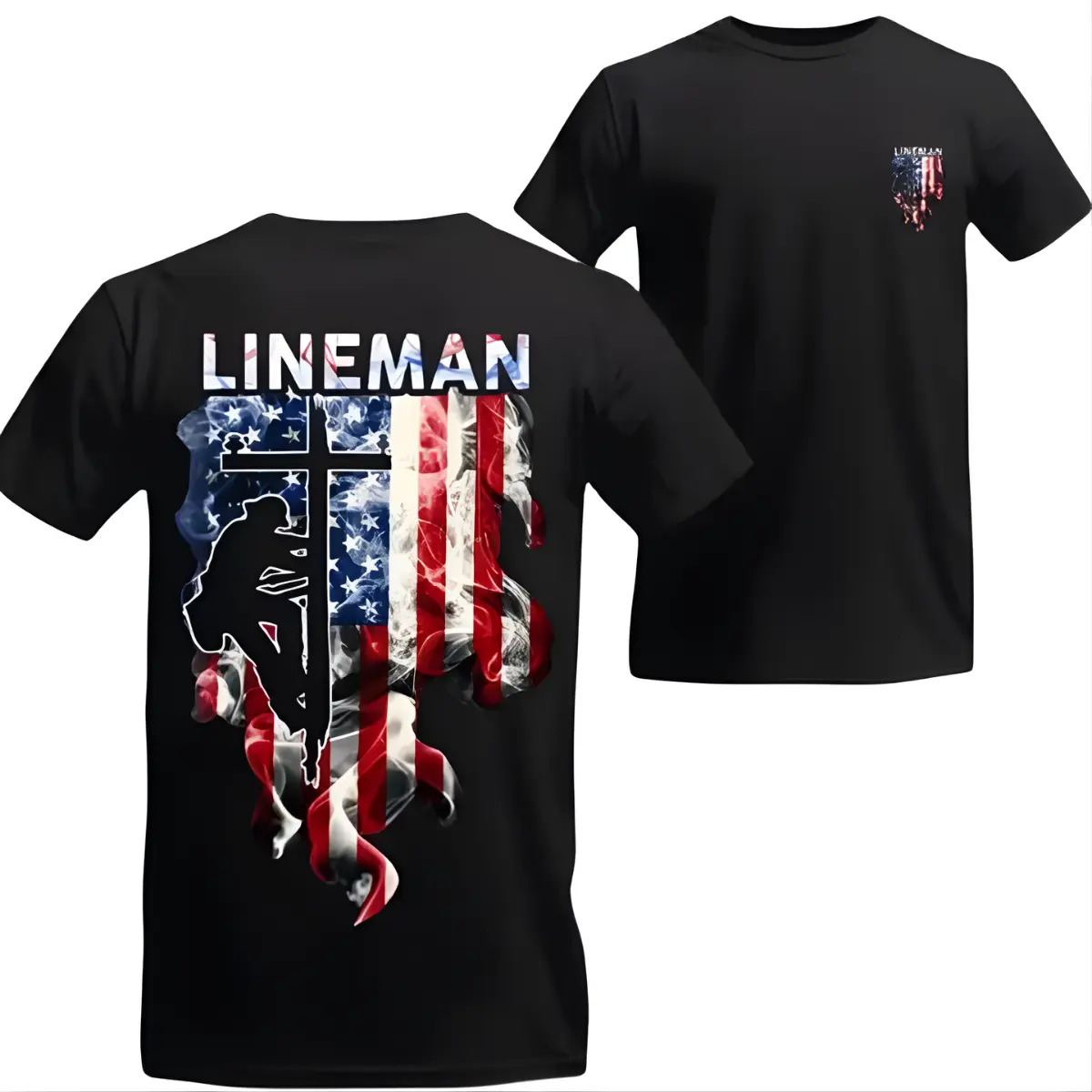 Patriotic Lineman Tee - American Flag Design, Sweatshirt, Hoodie, electrical lineman patriotic tee, lineman gift for electrician, power line worker shirt usa, blue collar lineman t shirt unisex, lineman workwear graphic tee, Tops Cotton Menswear