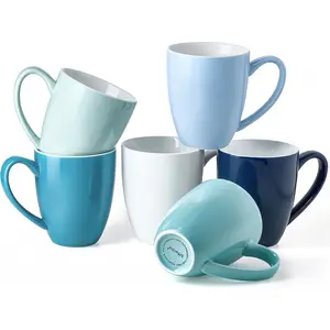 Porcelain Coffee Mugs Set of 6, 13 Ounce Coffee Cups with Handle, Ceramic Tea Mugs for Latte, Hot Tea, Cappuccino, Mocha, Cocoa, Blue Assorted Colors Mug Gift Set, Dishwash and Microwave Safe