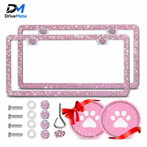 DriveMate Pink Bling License Plate Frames for Women, 2 Pack Rhinestone Glitter Diamond Sparkly Bedazzled Car Plate Holder with Cup Coasters, Cute Aesthetic Pink Car Accessories for Women Girls
