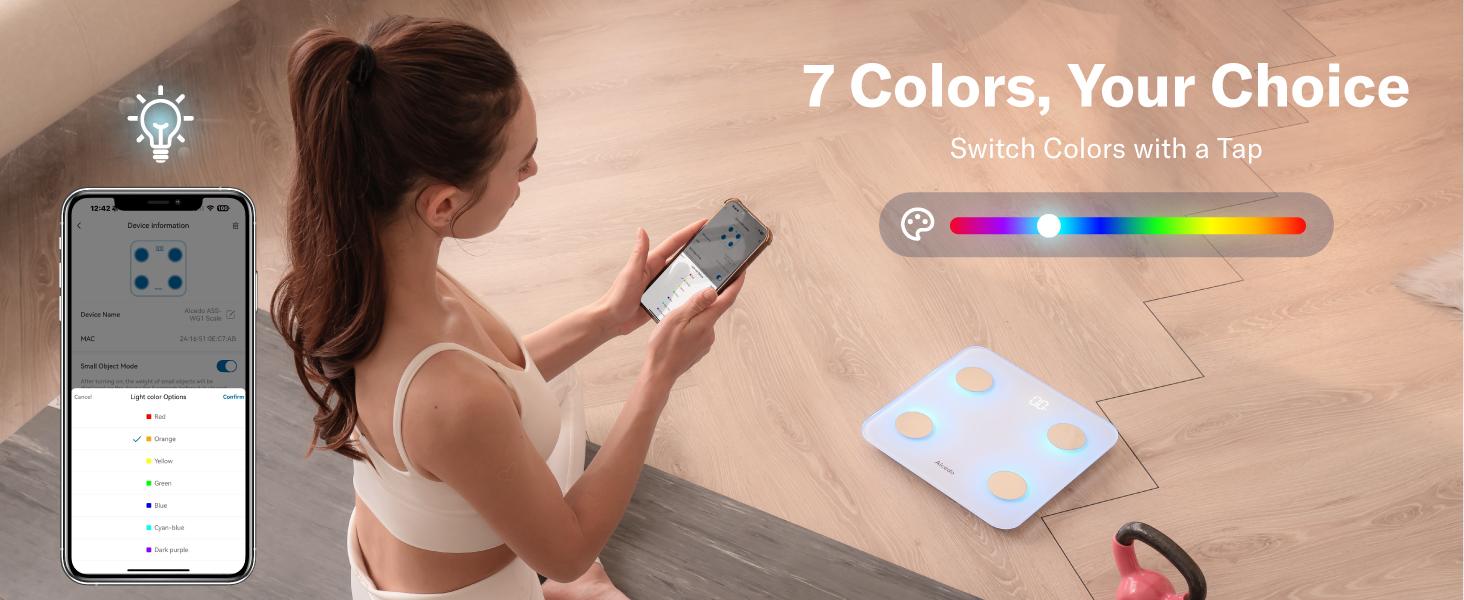 Alcedo Smart Scale for Body Weight, 7-Color Glowing Bluetooth Digital Bathroom Scale for BMI and Body Fat, Body Composition Monitor with Smartphone App