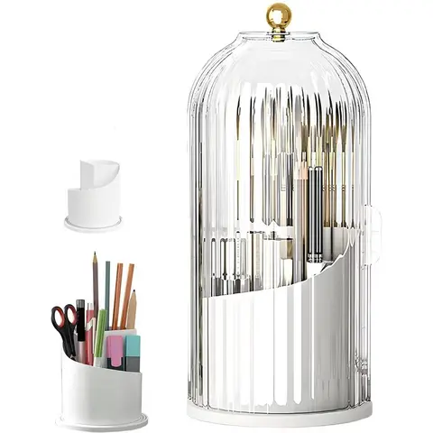 3-Slot Compact Modern Plastic Toothbrush Holder - Bathroom Accessory with 360° Rotating Glass Dome Cover, Durable Metal Base, Hidden Storage, Waterproof Multi-Section Design, Bacteria-Isolating Feature, High-Capacity Multi-Port Multifunctional Organizer