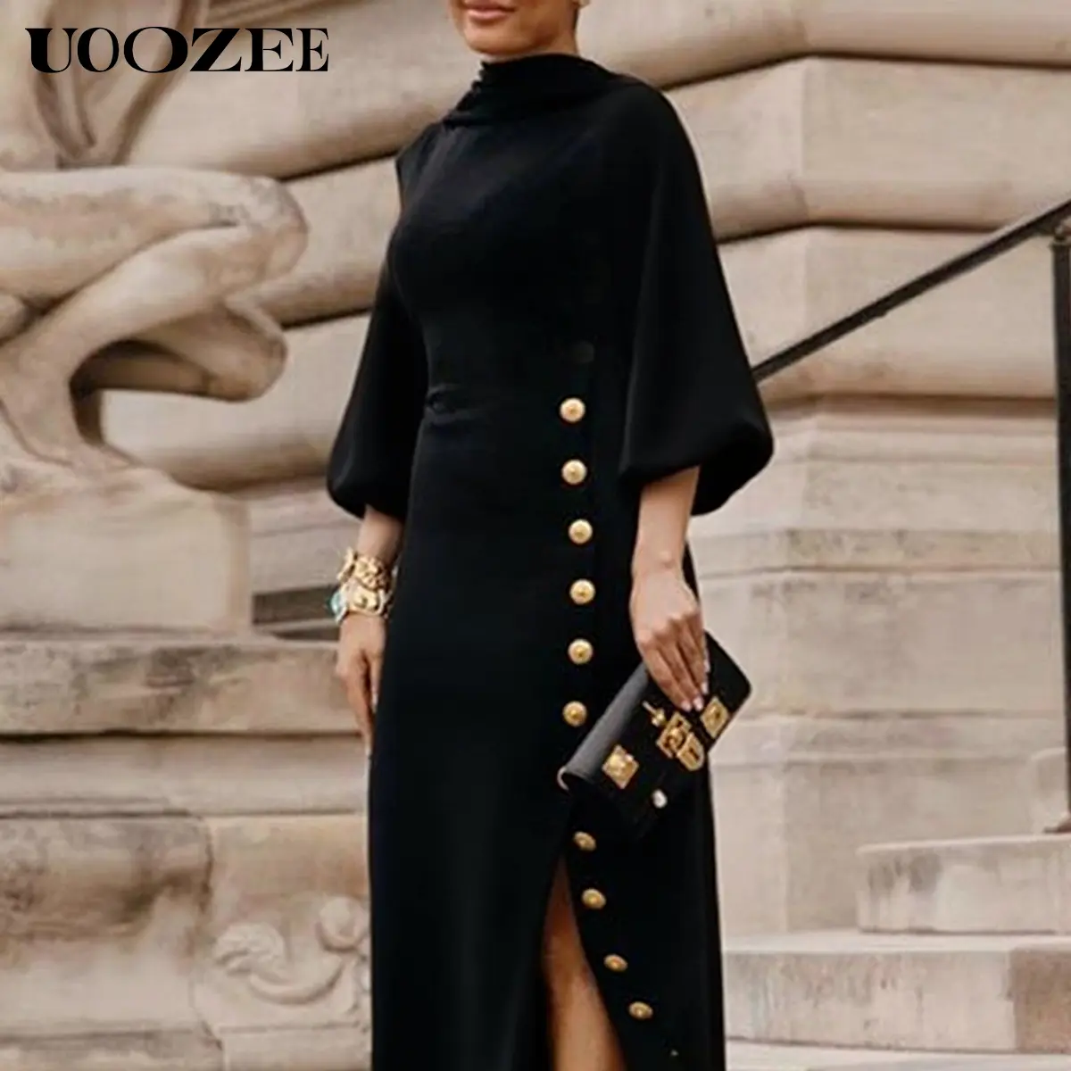 UOOZEE Women's 2025 Formal Elegant Dress - Gold-Buttoned, Lace-Up Mock  Neck, Split, Loose, Minimalist, Comfortable,