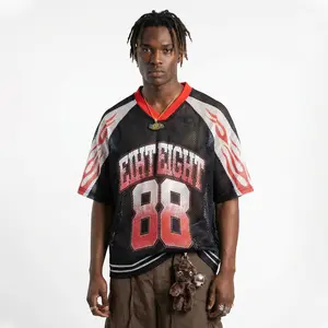 Inflation Streetwear Retro Football Element 260g Heavyweight Oversize Short Sleeve T-Shirt Fashion Tall Slimming V-Neck Mesh Breathable Street Style Casual Top Unisex graphic tee