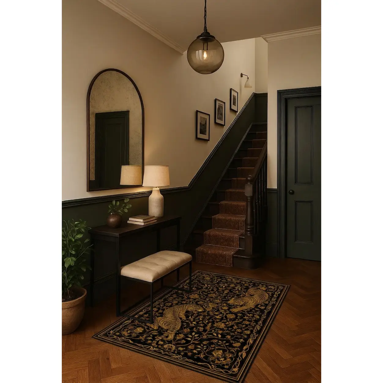 Gold & Black Tiger Rug – Timeless Luxury Oriental Pattern Carpet, Bold Exotic Design, Premium Decorative Area Rug