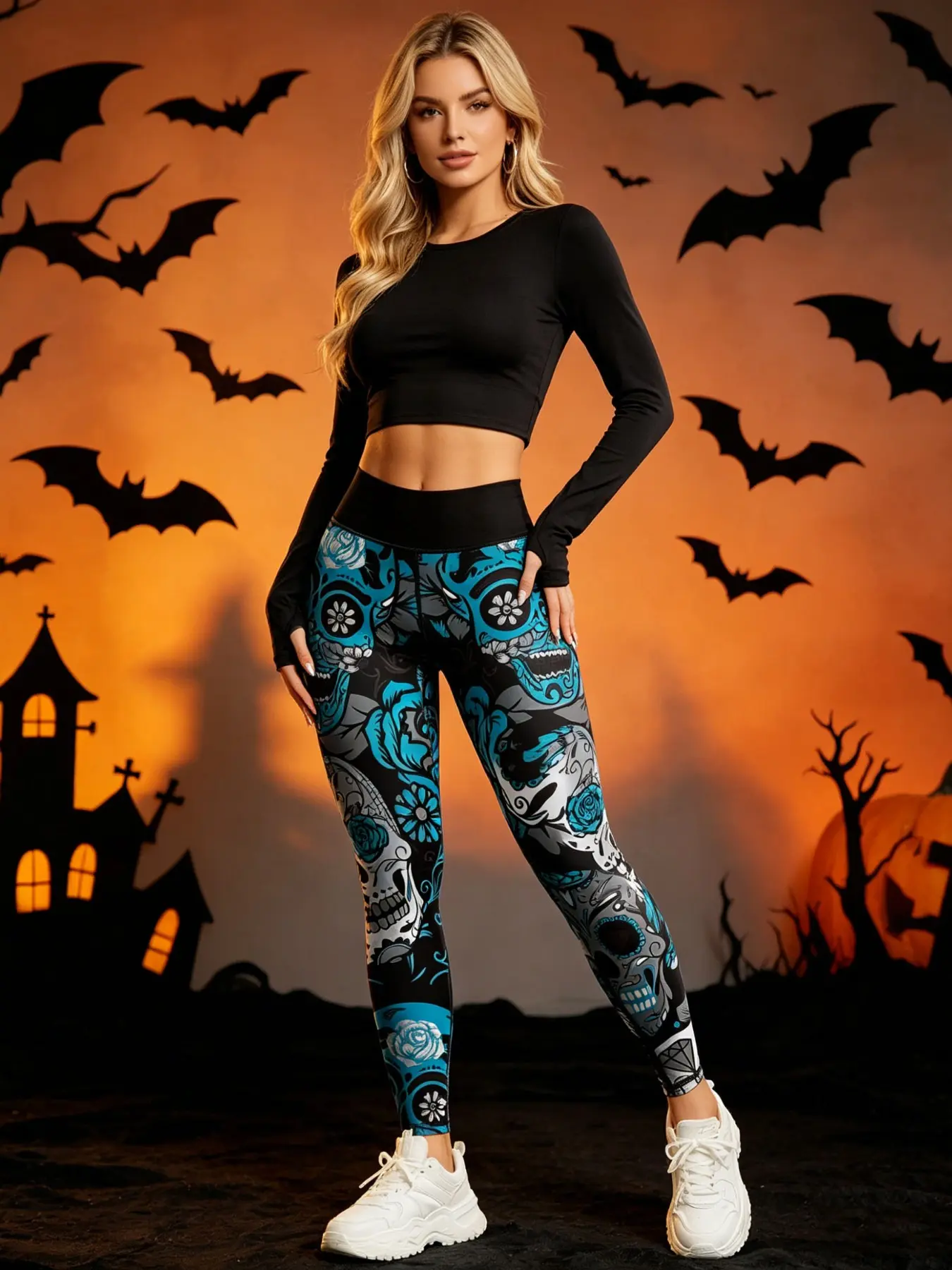 Blue Skull Large Flower Floral Skull Print Unisex Pants, Digital Print Tight Yoga Bottoms, Fitness Tight Fit Gym Sportswear Bottoms, Graphic Print Leggings, Fashion Sport Casual Adult Gym Outdoor Wear