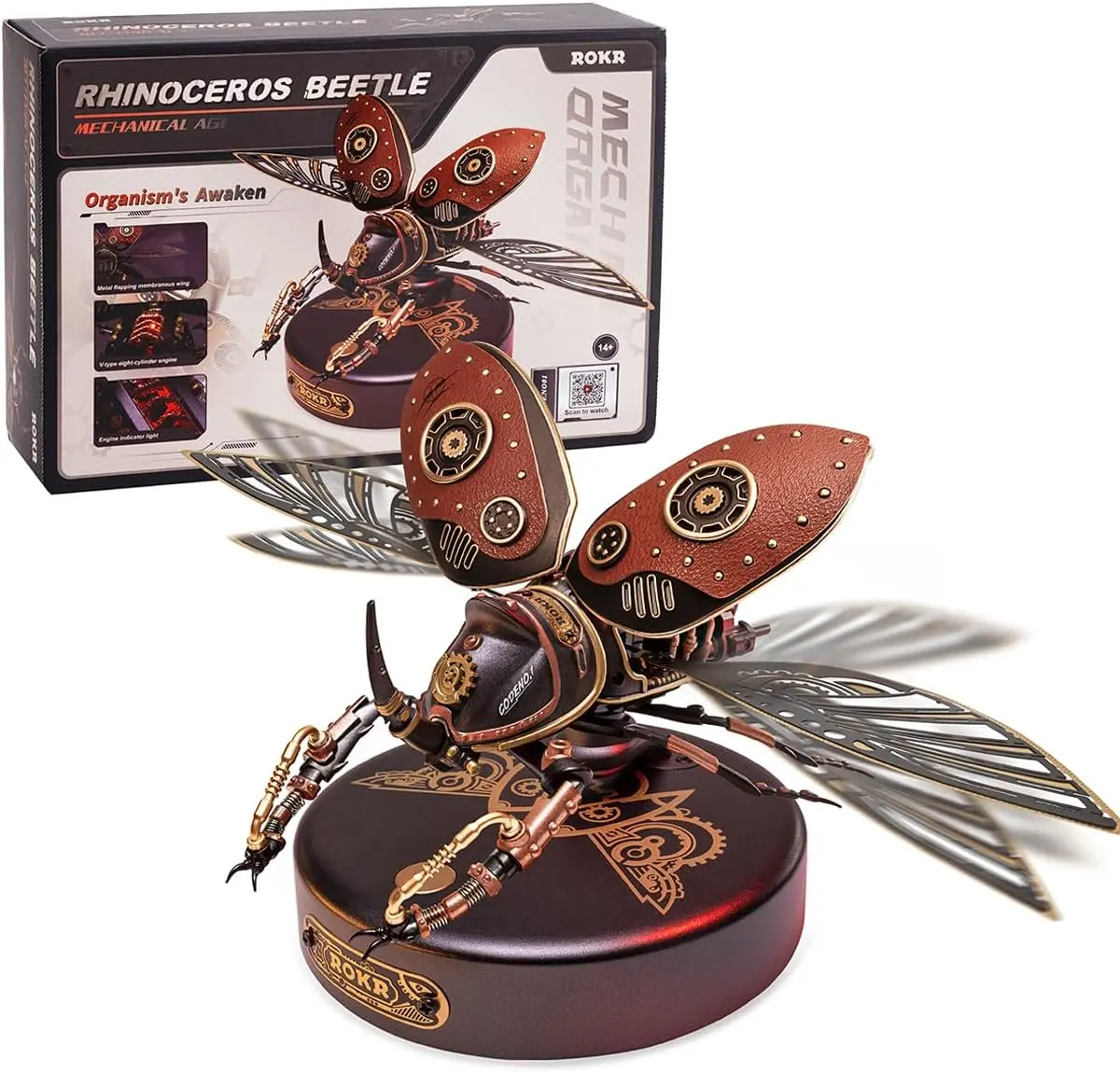 【self-assembly puzzle】ROKR 3D Puzzles for Adults Electric Insect Metal Model Building Kit Desk Toys Hobby Kit for Adults Gift for Teens (Rhinoceros Beetle)