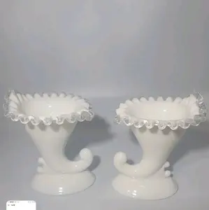 Vintage Fenton Milk Glass Silver Crest Cornucopia Candlestick Holders - A Pair Stainless Steel Stainless Steel Stainless Steel Stainless Steel