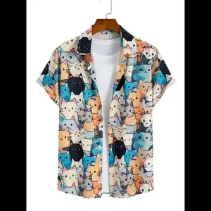 Vintage Harajuku Cat Hawaiian Shirt, Retro Kitten Aloha Top Shortsleeve, Casual Button Down Menswear, Tropical Classic Polyester Streetwear