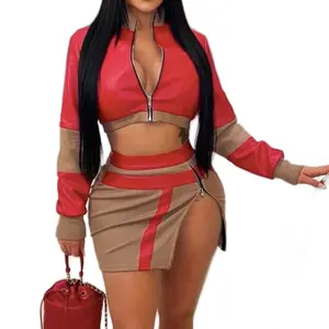 Red Leather Two Piece Skirt Set for Women - Clothing - Womenswear