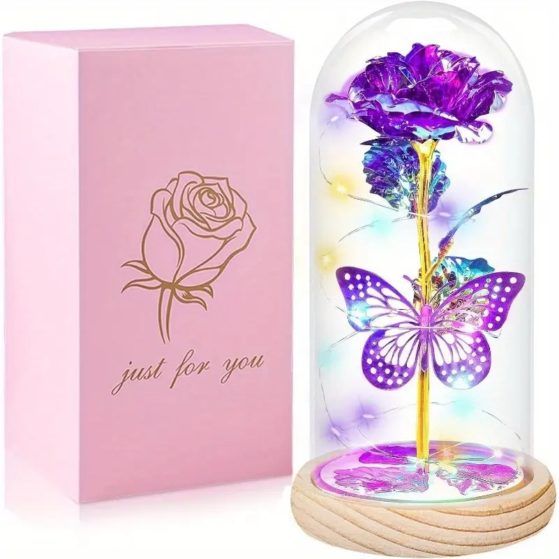 [Preserved Rose] Butterfly Preserved Rose Flower Gifts 1pc  Light Up Gift for Women Birthday, Christmas, Anniversary, Valentines, Mothers Day, Wedding