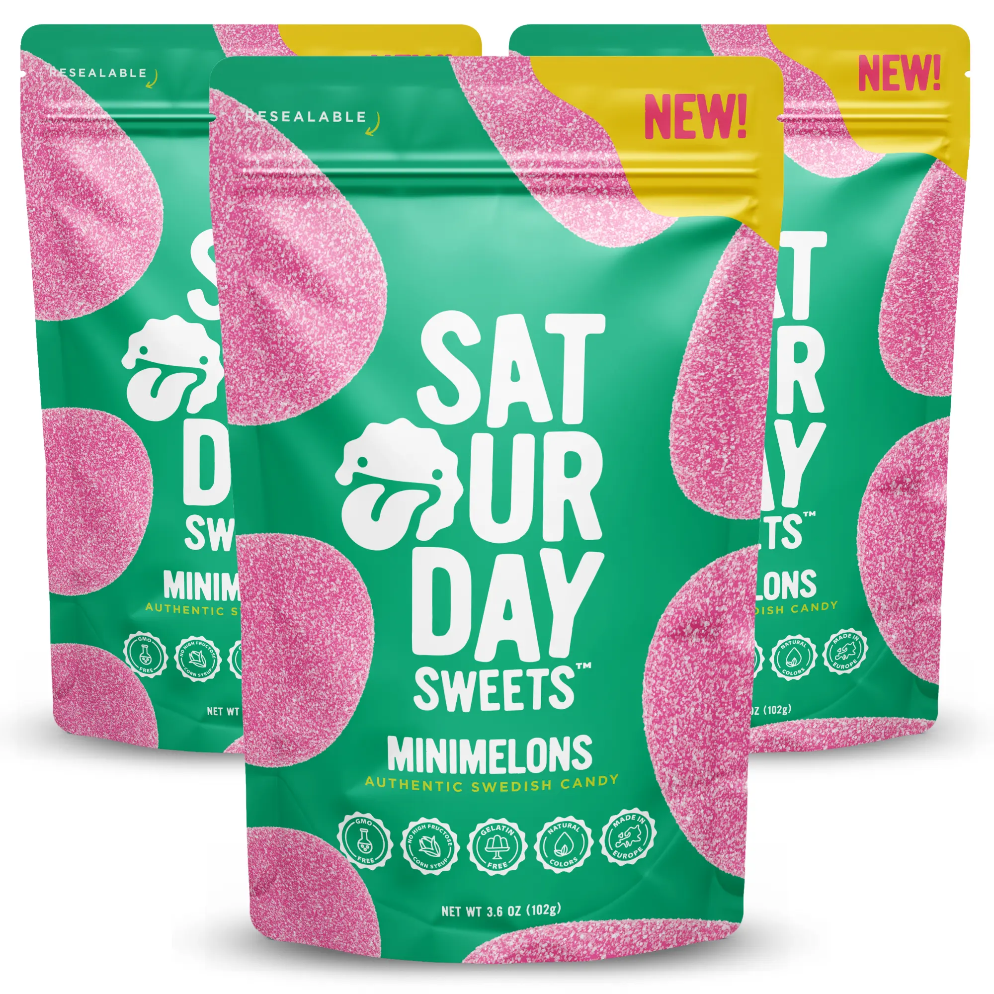 Saturday Sweets Minimelons | Watermelon Flavored Authentic Swedish Candy | Low Calorie & Non-GMO, Gelatin Free, No High Fructose Corn Syrup | Resealable, Made in Europe, Swedish Style | Better-For-You, Healthy Snacks for Adults & Kids (3 Pack)
