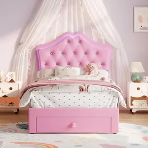 Upholstered LED Bed Frame with Velvet Crystal Button Headboard, Princess Platform Bed for Boys/Girls with Storage Drawer, Easy Assembly, Noise-Free, No Box Spring Needed, Twin, Pink