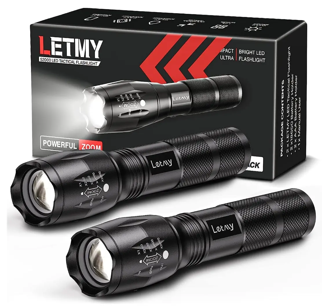 LED Tactical Flashlight 2-Pack, Zoomable Waterproof Flashlights with 5 Lighting Modes for Camping, Emergency & Outdoor Use