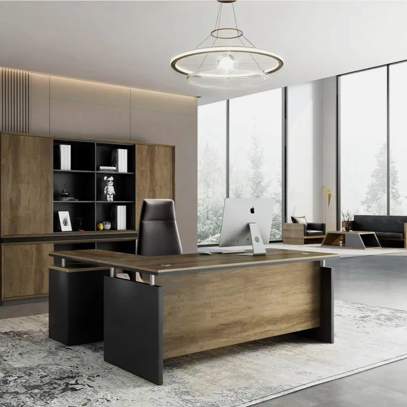 63" Industrial L-Shaped Executive Desk Real Wood Reversible Workstation Power